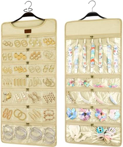 SMRITI Hanging Jewelry Organizer with Dual Zippered Pockets Canvas Double Sided Rotating Hanger Necklace Hanging Wall Organizer Earring Dustproof Holder Wall Mount Accessories Display Bag(Beige) by SMRITI