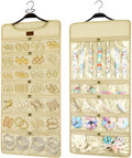 SMRITI Hanging Jewelry Organizer with Dual Zippered Pockets Canvas Double Sided Rotating Hanger Necklace Hanging Wall Organizer Earring Dustproof Holder Wall Mount Accessories Display Bag(Beige) by SMRITI