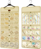 SMRITI Hanging Jewelry Organizer with Dual Zippered Pockets Canvas Double Sided Rotating Hanger Necklace Hanging Wall Organizer Earring Dustproof Holder Wall Mount Accessories Display Bag(Beige) by SMRITI