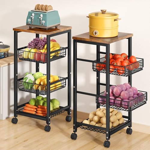 SNTD Fruit Basket Stand for Kitchen with Pull Out Vegetable Baskets, Black by SNTD