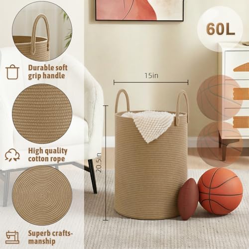 Artfeel Laundry Basket,Woven Cotton Rope Laundry Hamper,60L for Decorative Storage of Dirty Clothes,Toys and Blankets in Bathroom,Baby Room and Living Room - Image 6