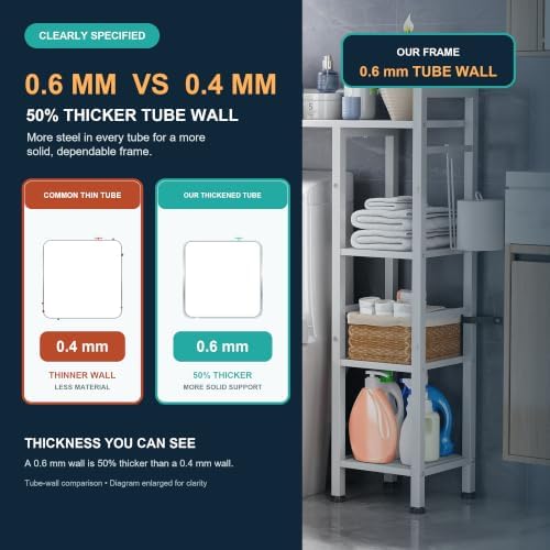 Over The Toilet Storage with Side Rack, 4-Tier Over Toilet Storage Rack with Thick Wood Top Shelf & 3 Small Side Shelves, Freestanding Bathroom Organizer for Bathroom, Laundry, Balcony (White) - Image 5