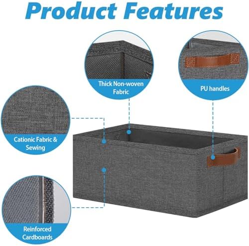 GhvyenntteS Small Fabric Storage Bins 6 Pack, 11.8" x 7.87" x 5.11" Storage Basket with Leather Handles, Closet Storage Bins for Shelves, Storage Baskets for Shelves, DVD Storage (Grey) - Image 3