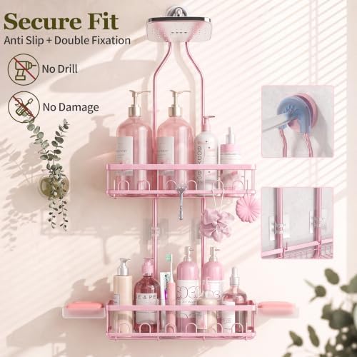 Skyapex Shower Caddy Hanging: Adjustable Height No Blocking to Shower Head - Shower Caddy Over Showerhead Shower Organizer - Rustproof Shower Shelves with Hooks 2 Soap Holders, Pink - Image 4