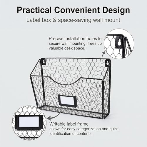 PAG-Mass 3 Pockets Hanging File Holder Wall Mount Mail Organizer Metal Chicken Wire Magazine Rack with Tag Slot, Black - Image 4