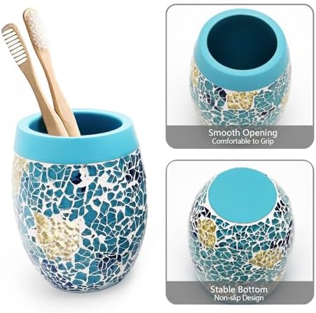 Handmade Blue Mosaic Glass Bathroom Accessory Sets 4PCS Bathroom Accessories Set Complete Includes Lotion Dispenser Toothbrush Holder Tumbler Cup & Vanity Tray - Image 4