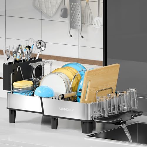 304 Stainless Steel Expandable Dish Drying Rack with Drain Spout, Black by StartYourHomeStorageLife