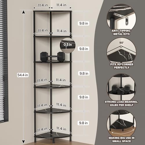 6 Tier Corner Book Shelf, 54.4", Marble Black - Image 3