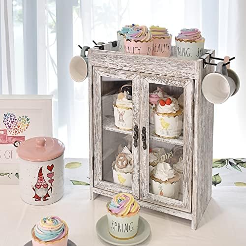 Ikee Design Wooden Countertop Storage Cabinet. Customizable Organizer with Adjustable Shelves, Glass Window Door and Removable Metal Hook. Perfect for Kitchen, Vanity, or Bathroom. Antique White - Image 2