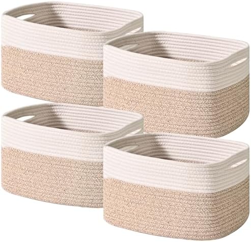 ICERZCZ Storage Baskets for Shelves, Woven Storage Basket, Bins for Cube Storage, Cotton Rope Basket with Handles for Toy, Book, and Clothes Living Room, (4 Packs) Off White & Brown by ICERZCZ