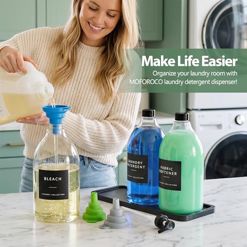 Moforoco 3 Pack Black Liquid Laundry Detergent Dispenser with Bamboo Tray, 64 Oz Plastic Laundry Soap Dispenser, Fabric Softener Dispenser with Pump and Labels for Laundry Room Decor and Organization - Image 5