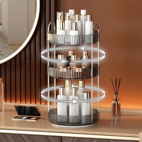 YCIA&DONE 360 Rotating Makeup Organizer and Storage for Vanity Countertop 3 Tiers, High Capacity Cosmetic Skincare Perfume Organizers for Dresser Bathroom Lazy Susan (Smoky Gray) - Image 3
