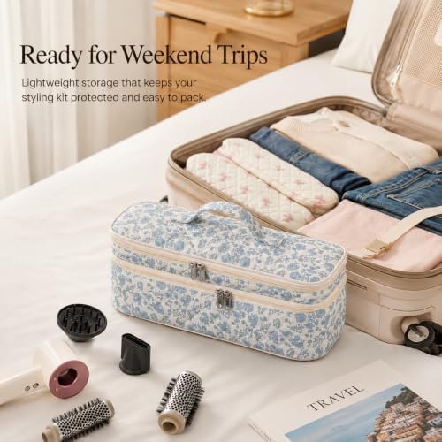 Quilted Hair Tools Travel Bag, Double-Layer Carrying Case for Hair Styler & Attachments, Cute Portable Organizer with Handle for Hair Dryer Storage at Home or Travel - Image 4
