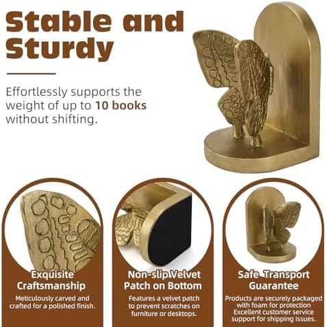 Gold Butterfly Bookends, Vintage Butterfly Book Ends for Heavy Books - Image 2