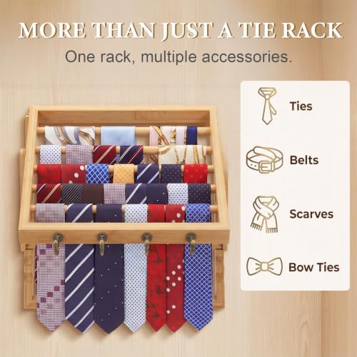 Wooden Tie Rack Wall Mounted - Scarf Organizer Holds 50 Ties with 4 Belt Hooks, Easy Installation, Design for Men and Women Closet - Image 3