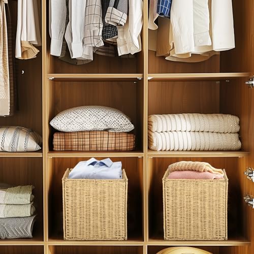 4Pcs Cube Storage Bin,Collapsible Storage Basket, Shelf Organizer with Insert Handle, 12 * 12 * 12 Inch Hand Woven Seagrass Basket, Suitable for Bedroom Storage and Other Scenarios - Image 6