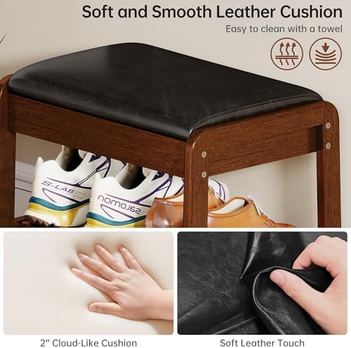 Shoe Rack Bench with Flip-Top Storage, Rubberwood 2-Tier Shoe Organizer with Cushion, Small Wooden Shoe Stand for Entryway, Mudroom, Hallway, Closet, Front Door Entrance, Foyer - Image 5