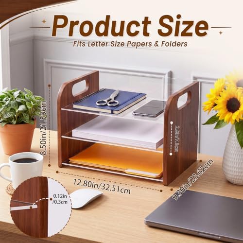 Marsui 3 Tier Desk Paper File Organizer, Acacia & Acrylic Letter Tray - Image 3