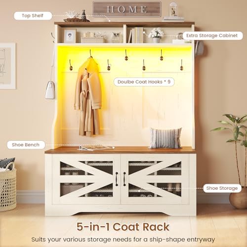Itaar Hall Tree with Bench and Shoe Storage, 5-in-1 Entryway Bench with Coat Rack, 10 Shoe Cubbies & 9 Coat Hooks, Barn Door & Adjustable Shelf (White) - Image 3