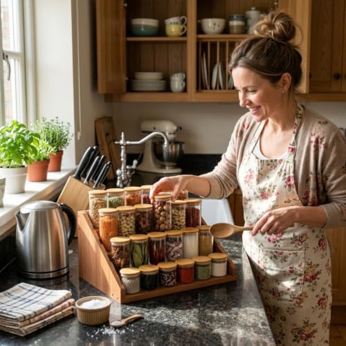Solid Wood Spice Rack Organizer for Countertop & Cabinet, 4 Tier Adjustable Wooden Spice Shelf with Sliding Track, Premium Step Seasoning Bottle Holder for Kitchen, Pantry & Office, Walnut Brown - Image 3