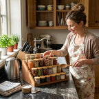 Solid Wood Spice Rack Organizer for Countertop & Cabinet, 4 Tier Adjustable Wooden Spice Shelf with Sliding Track, Premium Step Seasoning Bottle Holder for Kitchen, Pantry & Office, Walnut Brown - Image 3
