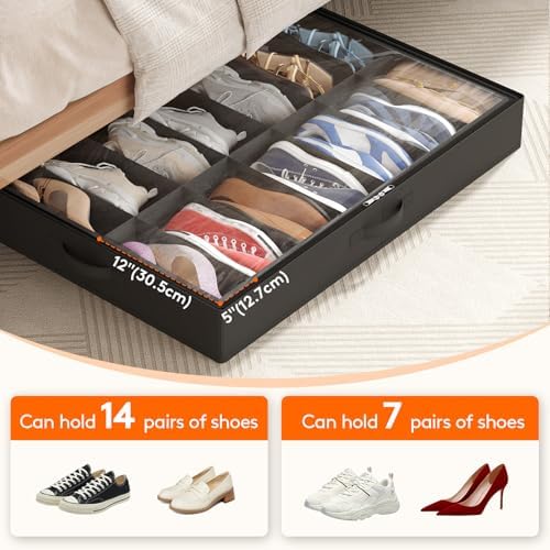 Lifewit Under Bed Shoe Storage Organizer 3 Pack(14 Shoes Cells), 4.3 Inches Profile Fabric Shoes Container Box with Clear Cover, Foldable Storage Bag with 2 Handles, Fits 21 to 42 Pairs - Image 4