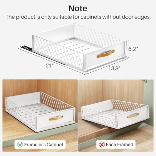 Pull out Cabinet Organizer,Heavy Duty Slide out Pantry Shelves Drawer Storage with Adhesive Nano Film,Sliding Mesh Cabinet Basket with Handle for Kitchen, Bathroom, Home, 13.8"W X 21"D X 6.2"H,White - Image 3