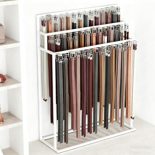 Floor Mounted Belt Hanger, Stepped Belt Display Rack with Hanging Rods and Hooks, 21 Hooks, Lengthened and Bolded, Capacity for Ties, Scarves, Accessories(White) by Unknown