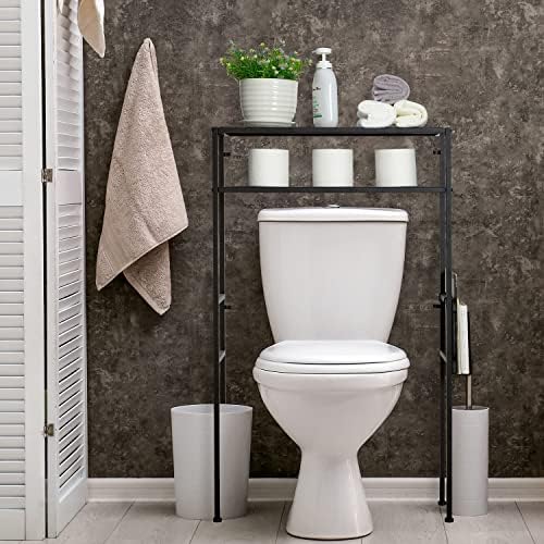 MyGift 2-Tier Over The Toilet Storage Rack, Over Toilet Bathroom Organizer, Freestanding Above Toilet Shelf with Removable Magazine Holder Basket, Black Metal Cabinet for Laundry Space Saver - Image 3