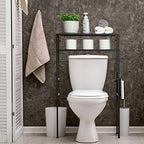 MyGift 2-Tier Over The Toilet Storage Rack, Over Toilet Bathroom Organizer, Freestanding Above Toilet Shelf with Removable Magazine Holder Basket, Black Metal Cabinet for Laundry Space Saver - Image 3