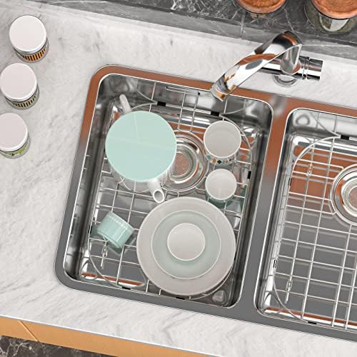 SANNO Kitchen Sink Protectors Gird Sink Rack, 14.57" L X 11.2" W Bottom Grid with Rear Drain Hole for Double Sink, Stainless Steel, 2 Pack - Image 6