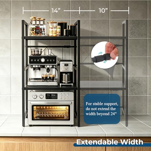 Y YOMA Extendable Microwave Oven Rack, 3 Tier Metal Kitchen Countertop Organizer with 6 Hooks, Adjustable Shelf for Bakers, Holds 60lb, Black - Image 4