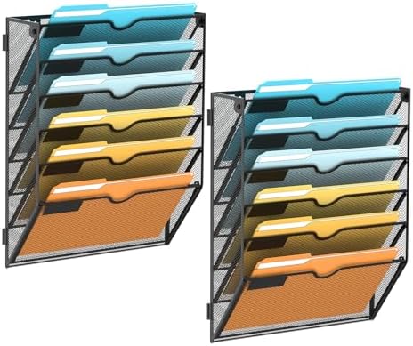 SUPEASY 6 Tier Wall File Organizer, Hanging Wall Mounted Mail Organizer with Label Slots, Metal Mesh File Holder Magazine Rack for Office, Home, School or Classroom, Black, 2Pack by SUPEASY