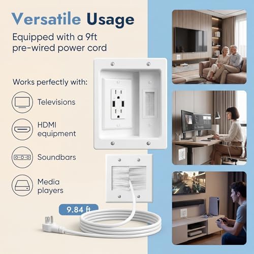 in-Wall Cable Management Kit, Recessed TV Outlet Box with Dual AC + 2 USB Ports, 9ft Power Cord, Wall Cable Hider Pass Through, TV Cord Concealer for Wall Mounted TV, Home Theater - Image 2