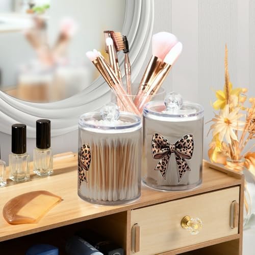 Fustylead 4 Pack Brown Bow with Leopard Skin Plastic Apothecary Jars with Lid, Bathroom Vanity Storage Organizer Canister for Qtip, Cotton Ball, Swab, Round Pads, Floss - Image 5