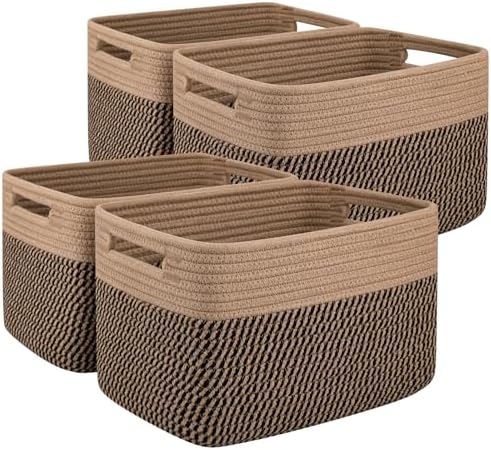 OIAHOMY 4 Pack Storage Basket, 13"x9"x7.8" Cotton Rope Baskets for Shelves, Closet Organizer for Bedroom & Living Room, Soft Decorative Bins for Organizing Towels, Books & Toys, Brown & Black by MasterofSpaceOptimization