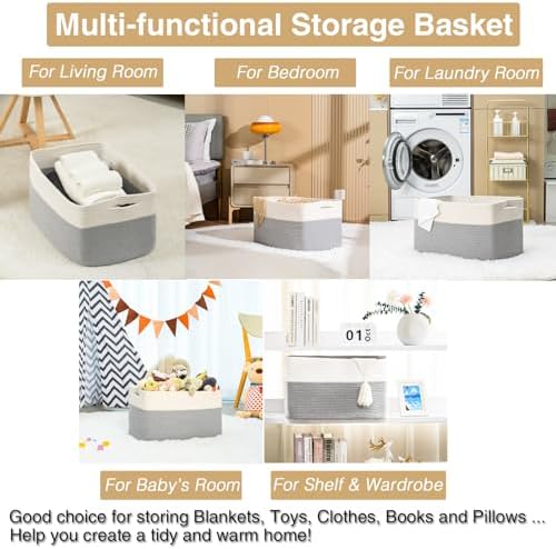 ICERZCZ Large Blanket Basket Living Room, Rectangle Storage Basket, Large Basket for Blankets, Woven Cotton Rope Baskets for Storage Toy Dirty Clothes, 22”x17”x12”, White & Grey, 75L - Image 5