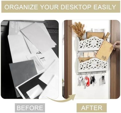 Key and Mail Holder for Wall, 2-Slot Mail Organizer Wall Mount 5 Key Hooks - Image 4
