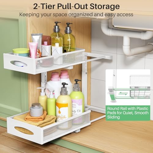 Under Sink Organizer, 2 Tier Pull out Cabinet Organizer Baskets with Mesh Sliding Drawers, Slide out Storage Shelf for Home, Kitchen, Bathroom, Pantry, Office Cabinet(1 Pack, White) - Image 3