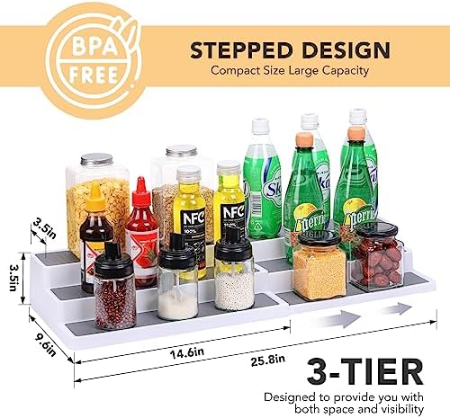CiWiVOKi 3 Tier Expandable Spice Rack Organizer, White/Grey Plastic Spice Rack, Adjustable Length 14.6In-25.8In, 2 Pack Non-Skid Tiered Spice Shelf Organizer for Kitchen Cabinet, Cupboard, Pantry - Image 2