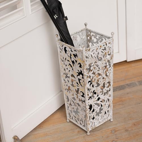 Vintage White Metal Umbrella Holder with Ornate Cutout Pattern Antique Decorative Umbrella Stand with Detachable Drip Tray for Entryway Storage Umbrellas Canes & Walking Sticks (White) by Unknown