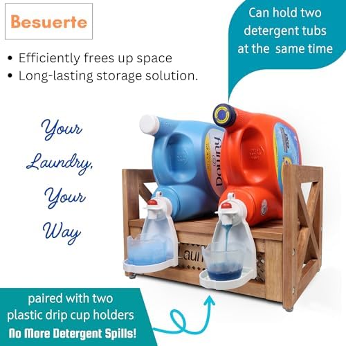 Farmhouse Wooden Laundry detergent stand - Besuerte Detergent Holder Station Shelf for Laundry Room - Laundry Organizers and Storage-Liquid Detergent Dispenser Holds Two Tubs, Brown - Image 4