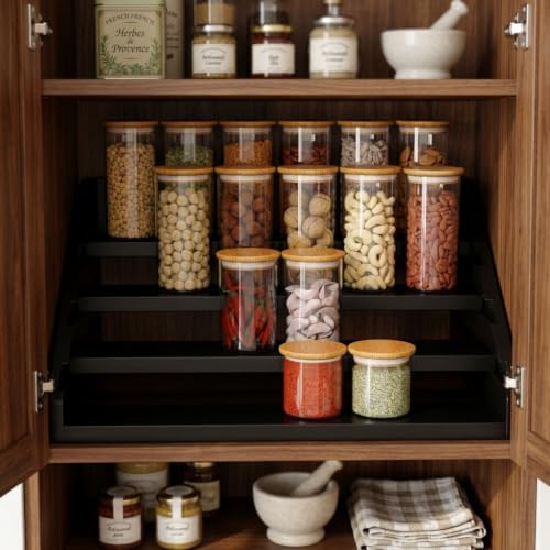 Solid Wood Spice Rack Organizer for Countertop & Cabinet, 4 Tier Adjustable Wooden Spice Shelf with Sliding Track, Premium Step Seasoning Bottle Holder for Kitchen, Cupboard, Pantry & Office, Black - Image 4