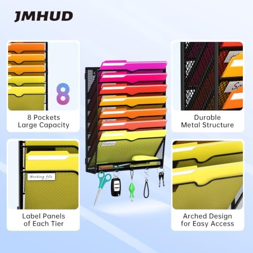 8-Tier Wall File Organizer with Base and Hooks, Hanging Organizer, Black - Image 3