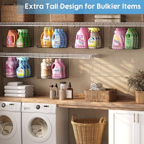 3-Pack Extra-Tall 13.6'' Hanging Laundry Basket Organizer, Foldable Wire Shelf with 360° Rotating Hooks & Reinforced Height - Durable Space-Saving Laundry Room & Closet Organizer, Black Patent - Image 4