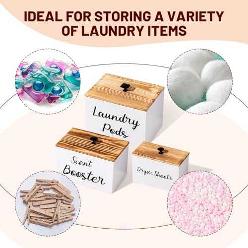 Dandat 3 Pcs Wood Laundry Pods Container Farmhouse Decoration Laundry Room Organization and Storage, Rustic Dryer Sheet Holder Scent Booster Container Set with Scoop(White) - Image 4