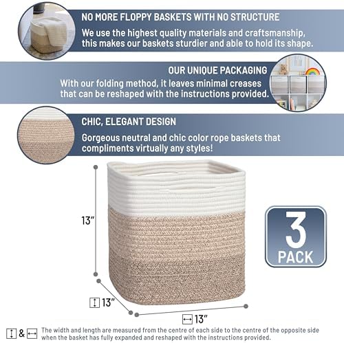 NaturalCozy 13 Inch Cube Storage Bins Cotton Rope Woven Baskets for Organizing 3-Pack | 13 x 13 Storage Cubes | Fabric Square Storage Baskets for Shelves Organizer, Kids Toy Bins, Closet Baby Nursery - Image 2