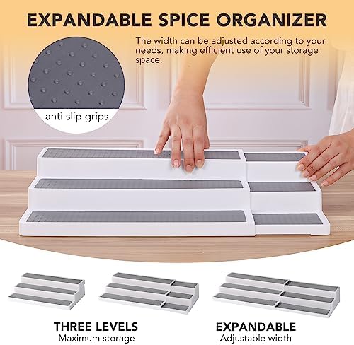 CiWiVOKi 3 Tier Expandable Spice Rack Organizer, White/Grey Plastic Spice Rack, Adjustable Length 14.6In-25.8In, 2 Pack Non-Skid Tiered Spice Shelf Organizer for Kitchen Cabinet, Cupboard, Pantry - Image 3