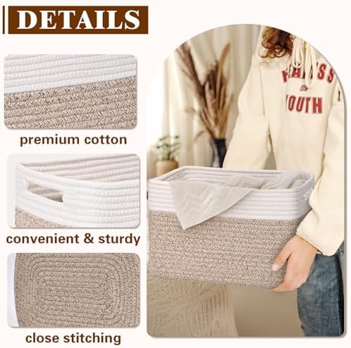Storage Baskets for Organizing, 4 Pack Baskets for Shelves, Decorative Storage Bins for Shelves, Cotton Rope Storage Basket with Handles, Woven Basket for Storage, 13''Lx8.7''Wx7.9''H, White & Brown - Image 5