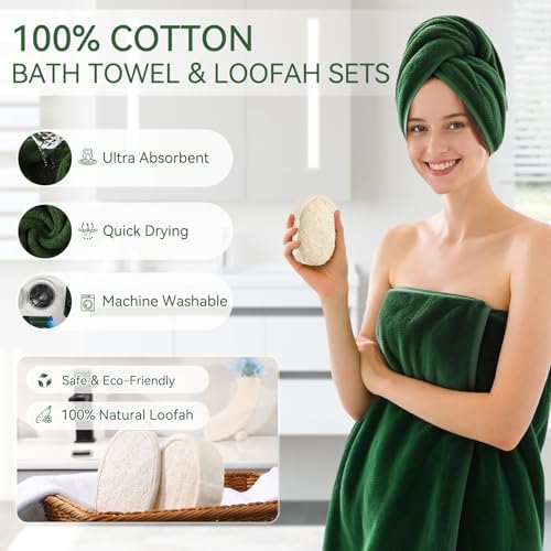 Green Bathroom Set, Dark Green Bathroom Accessories Set with Shower Curtain and Rugs, Bath Towel Sets, Natural Loofah Sponge, Soap Dispenser, Toothbrush Holder, Bathroom Tumbler and Tray for Bathroom - Image 5